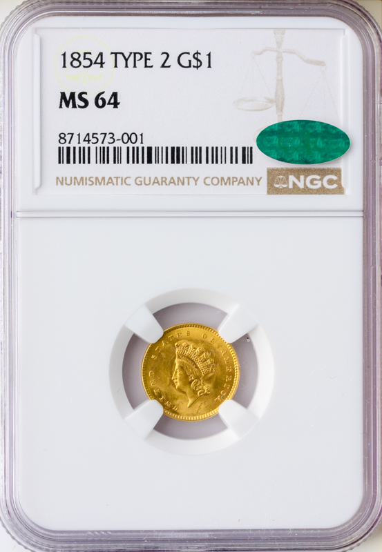 1854 Ty 2 Gold $1 NGC MS64 CAC