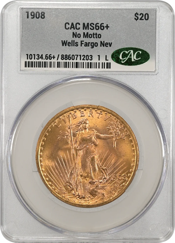 1908 $20 Saint Gaudens No Motto CACG  MS66 +