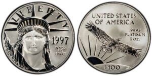 One ounce platinum American Eagle coin featuring Statue of Liberty portrait on obverse and soaring eagle over sunrise on reverse with .9995 platinum marking 