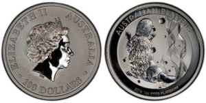 One ounce platinum Platypus featuring Queen Elizabeth II on obverse and swimming platypus design on reverse with .9995 platinum marking and 100 dollar face value 