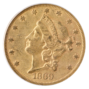 1869-S $20 Liberty PCGD AU50 CAC