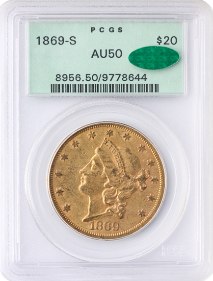 1869-S $20 Liberty PCGD AU50 CAC 1869-S $20 Liberty PCGD AU50 CAC
