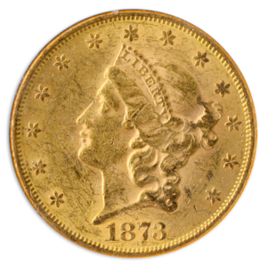 1873 $20 Liberty Open 3 NGC AU58