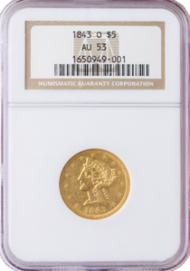 1843-O $5 Liberty Large Date  NGC AU53