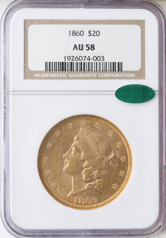 1860 $20 Liberty NGC AU58 CAC