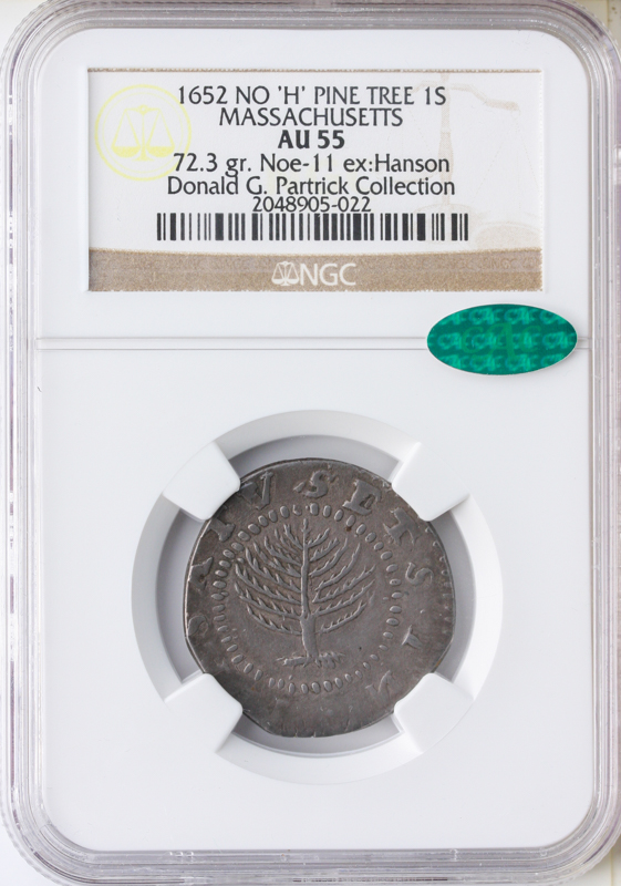 1652 Massachusetts Pine Tree Shilling No H NGC AU55 CAC