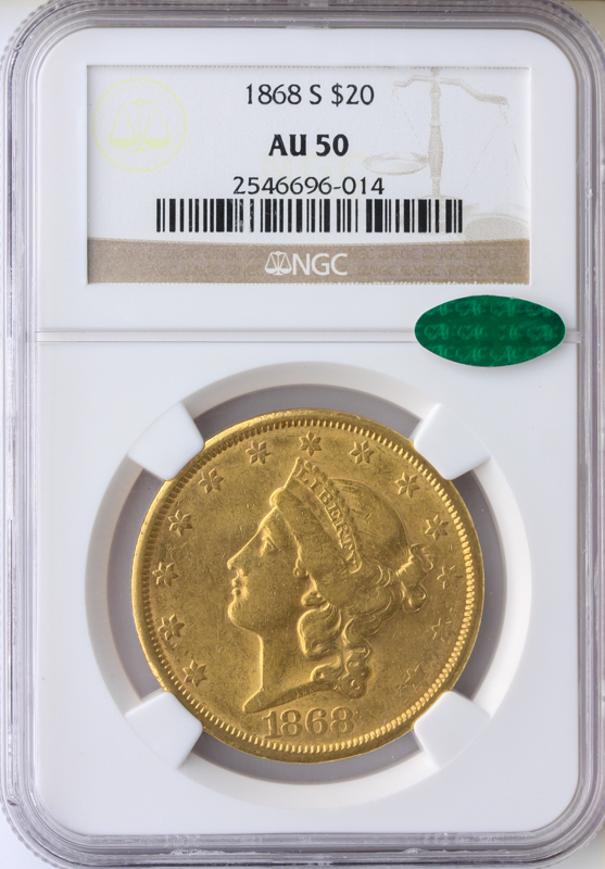1868-S $20 Liberty NGC AU50 CAC 1868-S $20 Liberty NGC AU50 CAC