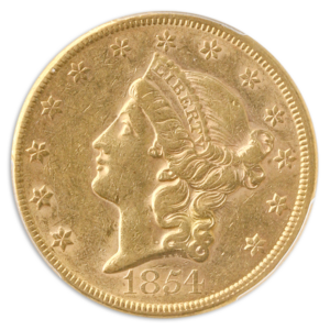1854 $20 Liberty Large Date PCGS AU55 CAC