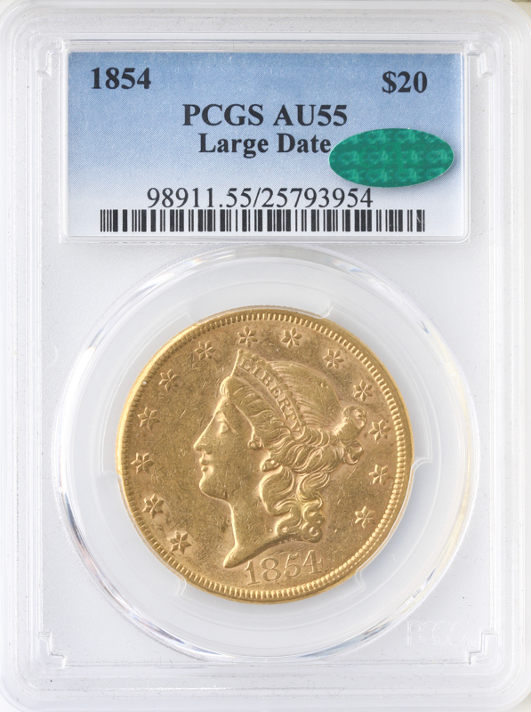 1854 $20 Liberty Large Date PCGS AU55 CAC 1854 $20 Liberty Large Date PCGS AU55 CAC