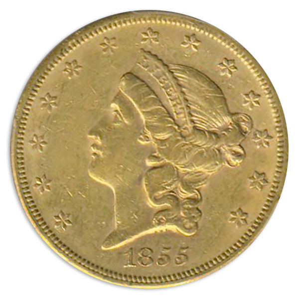 1855-S $20 Liberty Gold Double Eagle PCGS AU53 CAC 1855-S $20 Liberty Gold Double Eagle PCGS AU53 CAC