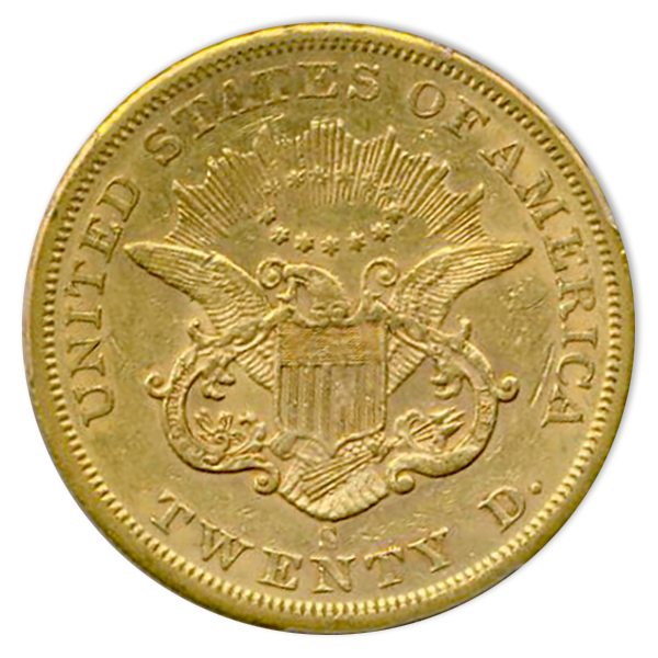 1855-S $20 Liberty Gold Double Eagle PCGS AU53 CAC 1855-S $20 Liberty Gold Double Eagle PCGS AU53 CAC
