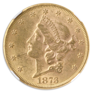1873 $20 Liberty Open 3 NGC AU58 CAC +
