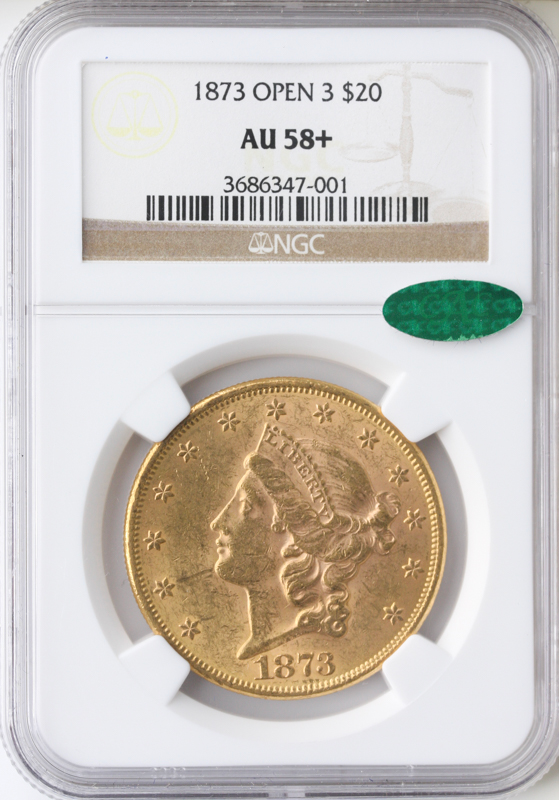 1873 $20 Liberty Open 3 NGC AU58 CAC +