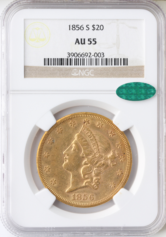 1856-S $20 Liberty NGC AU55 CAC