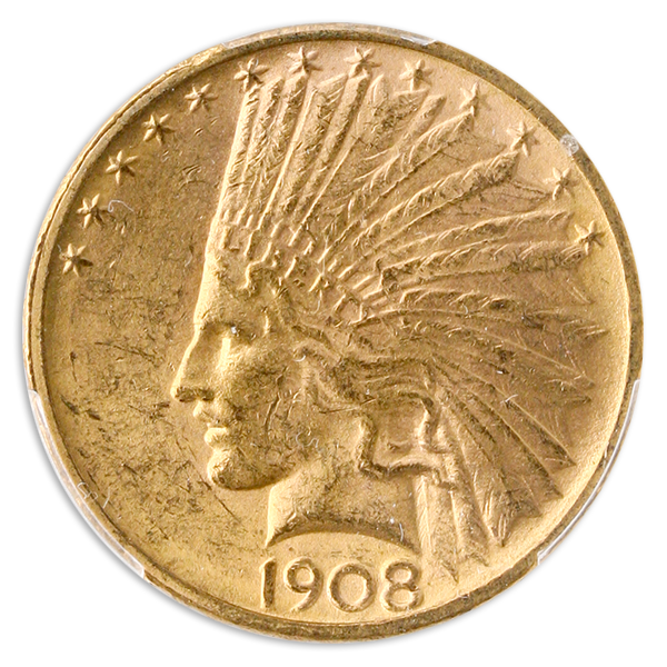 1908-D $10 Indian No Motto PCGS MS62 CAC + 1908-D $10 Indian No Motto PCGS MS62 CAC +