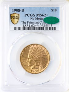 1908-D $10 Indian Gold Eagle No Motto PCGS MS62 CAC +