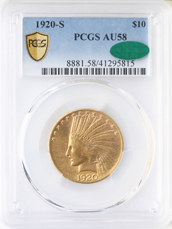 1920-S $10 Indian PCGS AU58 CAC 1920-S $10 Indian PCGS AU58 CAC