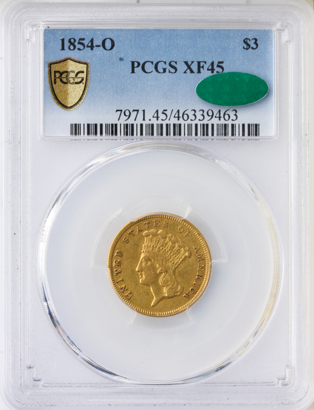 1854-O $3 Indian Princess PCGS XF45 CAC 1854-O $3 Indian Princess PCGS XF45 CAC