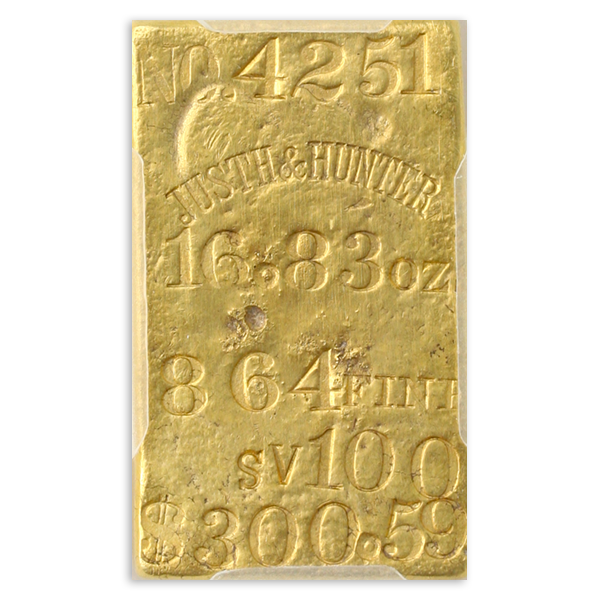 (1855-58) Justh & Hunter AV Ingot PCGS Genuine 16.83 oz .864 Fine $300.59 Bar # 4251 (1855-58) Justh & Hunter AV Ingot PCGS Genuine 16.83 oz .864 Fine $300.59 Bar # 4251