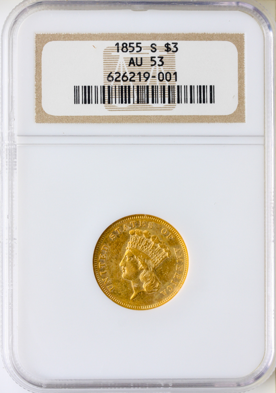 1855-S $3 Gold NGC AU53