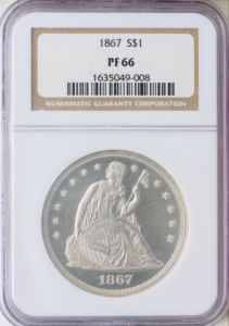 1867 $1 Seated Liberty Silver Dollar NGC PR66