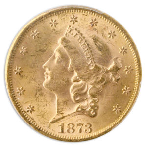 1873 $20 Liberty Open 3 PCGS MS62 CAC +