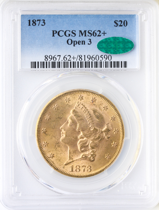 1873 $20 Liberty Open 3 PCGS MS62 CAC +