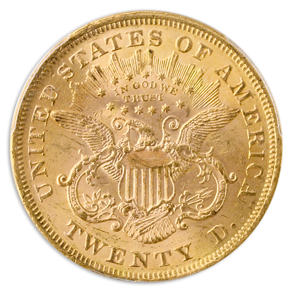 1873 $20 Liberty Open 3 PCGS MS62 CAC +