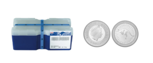 Blue and white Perth Mint monster box containing 250 Silver Kangaroos showing obverse Queen Elizabeth II portrait and reverse kangaroo design with radial sunburst pattern.