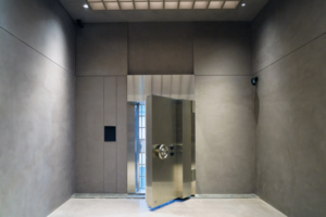 Modern precious metals vault room featuring heavy-duty safe door with combination lock in temperature and humidity controlled storage space.