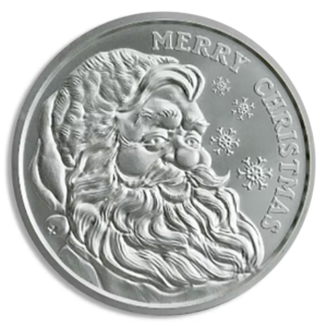 One-ounce .999 fine silver Christmas-themed round featuring detailed Santa Claus portrait with beard and snowflake decorations.