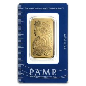 PAMP-1-oz-gold-bar-featuring-Lady-Fortuna-design-in-sealed-blue-certicard-with-measurement-scale-and-Swiss-Made-designation