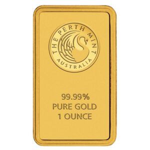 Perth-Mint-1-oz-gold-bar-displaying-swan-logo-in-circular-seal-with-99.99-pure-gold-inscription-and-minted-finish-with-rounded-edges