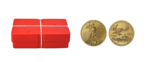 Red monster box containing 500 one-tenth ounce American Gold Eagles showing obverse Liberty design and reverse eagle family nest.