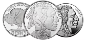 Silver Buffalo rounds displaying Type I Buffalo nickel-inspired design with Indian Head profile and bison reverse, marked 1 oz .999 fine silver.