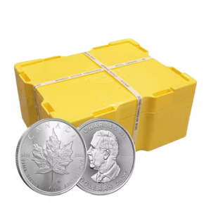 Yellow sealed case of Canadian Silver Maple Leafs showing obverse and reverse coin designs featuring maple leaf and King Charles III portrait.
