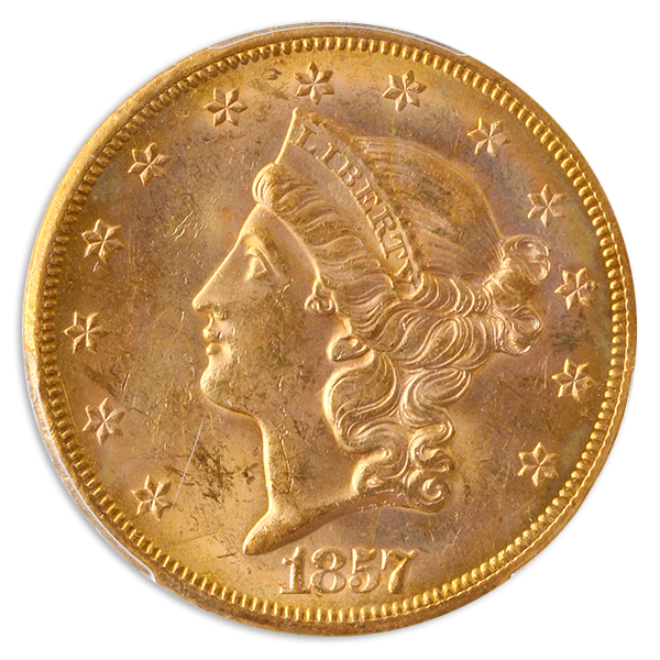 1857-S $20 Liberty SSCA PCGS AU58 CAC 1857-S $20 Liberty SSCA PCGS AU58 CAC