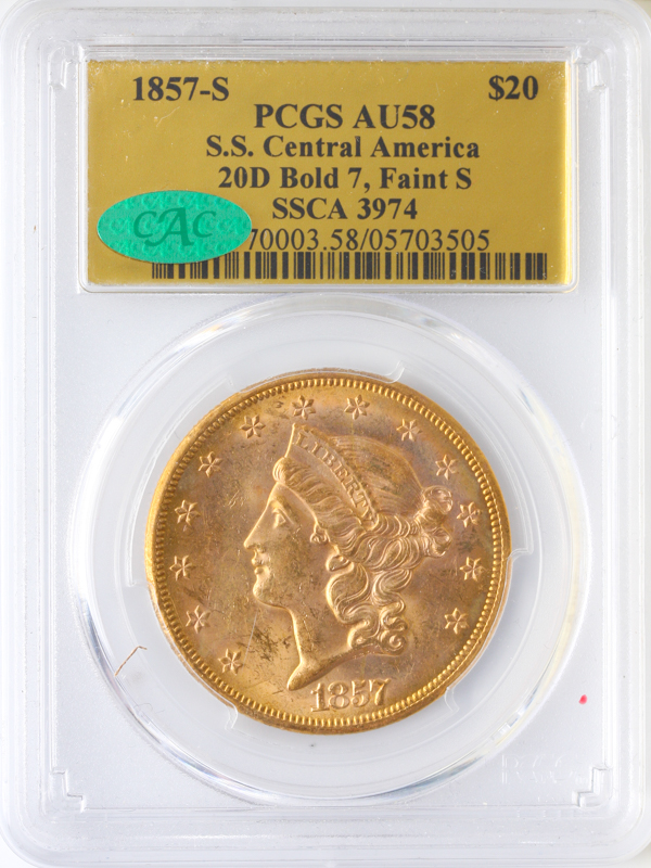 1857-S $20 Liberty SSCA PCGS AU58 CAC 1857-S $20 Liberty SSCA PCGS AU58 CAC
