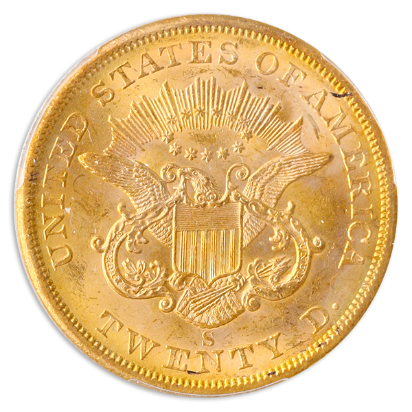 1857-S $20 Liberty SSCA PCGS AU58 CAC 1857-S $20 Liberty SSCA PCGS AU58 CAC