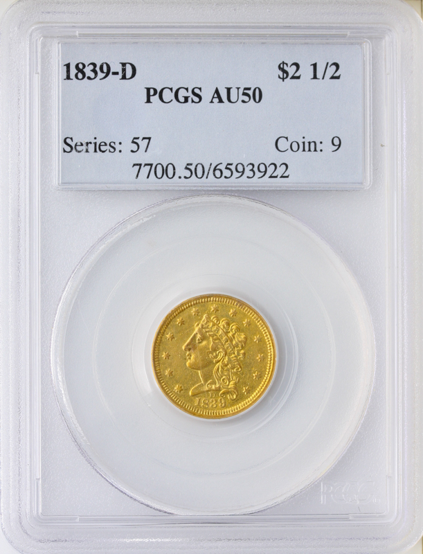 1839-D $2.50 Classic PCGS AU50 1839-D $2.50 Classic PCGS AU50