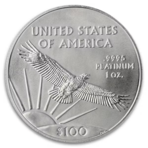 1 oz American Platinum Eagle coin reverse, .9995 fine platinum, $100 face value