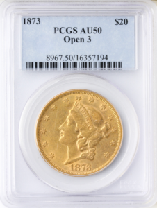 1873 $20 Liberty Open 3 PCGS AU50