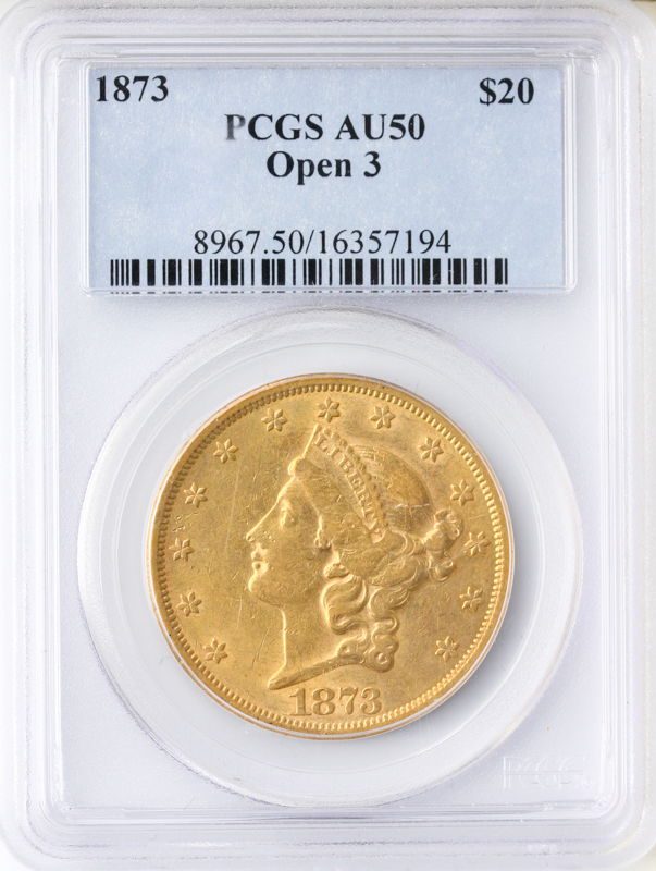 1873 $20 Liberty Open 3 PCGS AU50 1873 $20 Liberty Open 3 PCGS AU50