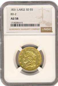 1831 $5 Capped Head Large 5D NGC AU58