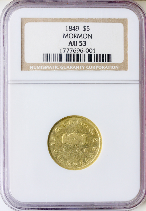 1849 $5 Mormon NGC AU53