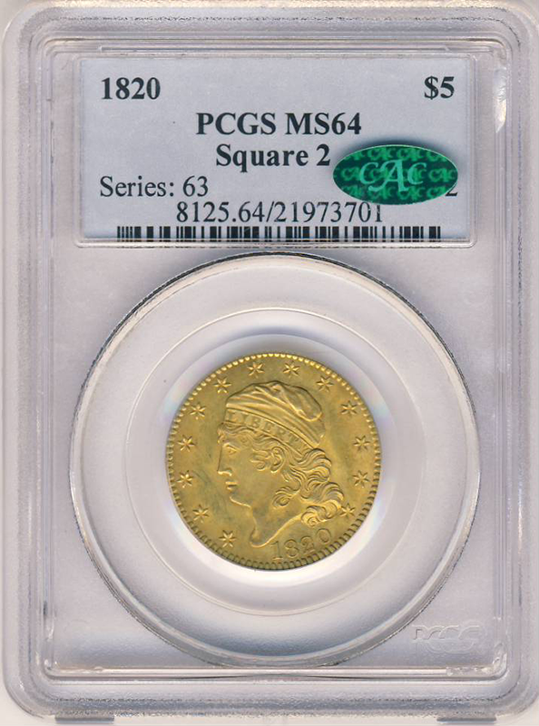 1820 $5 Capped Head Square Base 2  PCGS MS64 CAC