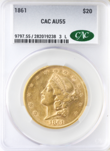 1861 $20 Liberty Head Double Eagle CACG AU55