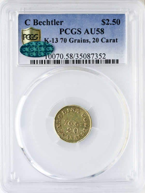 $2 1/2 C. Bechtler North Carolina 70 Grain 20 Carat PCGS AU58 CAC $2 1/2 C. Bechtler North Carolina 70 Grain 20 Carat PCGS AU58 CAC