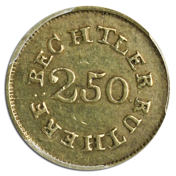 $2 1/2 C. Bechtler North Carolina 70 Grain 20 Carat PCGS AU58 CAC $2 1/2 C. Bechtler North Carolina 70 Grain 20 Carat PCGS AU58 CAC