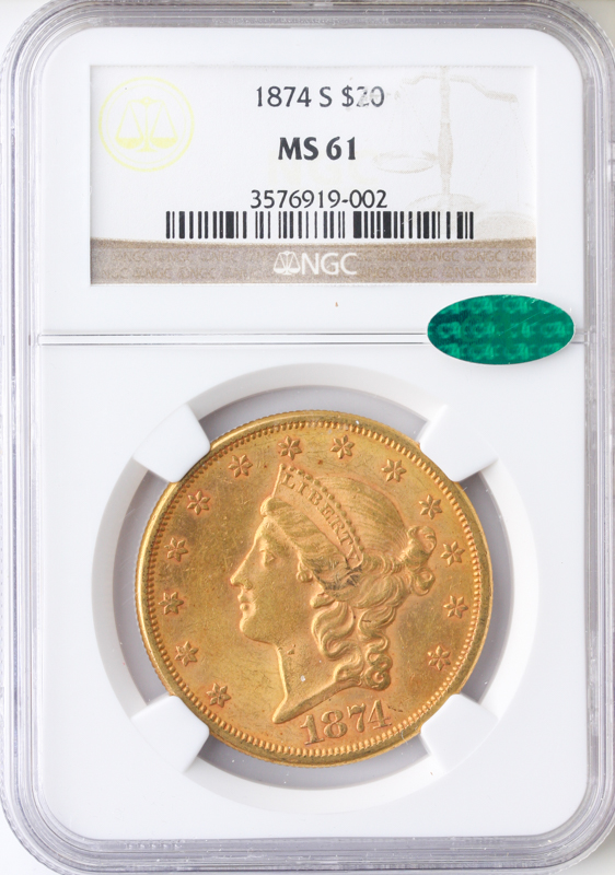 1874-S $20 Liberty NGC MS61 CAC